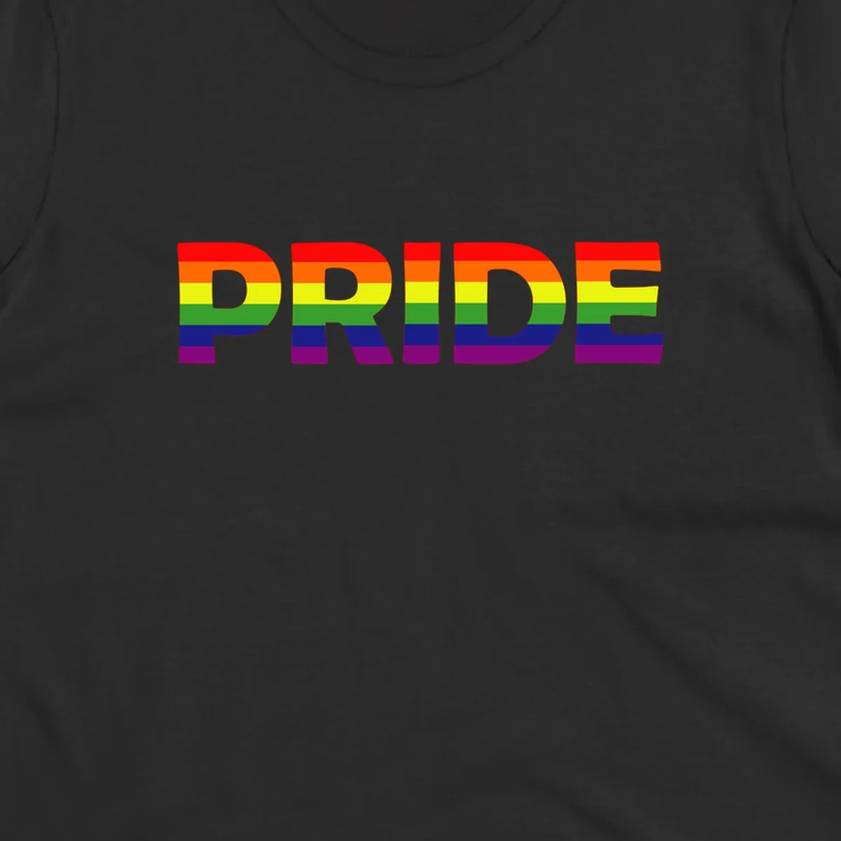 The word PRIDE in large letters filled with rainbow pride flag stripes on gray background