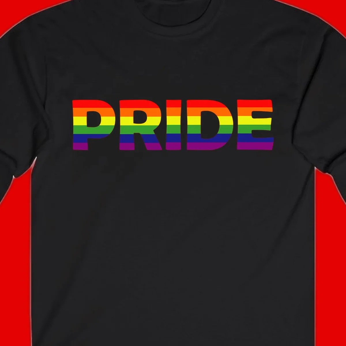 The word PRIDE in large letters filled with rainbow pride flag stripes on gray background