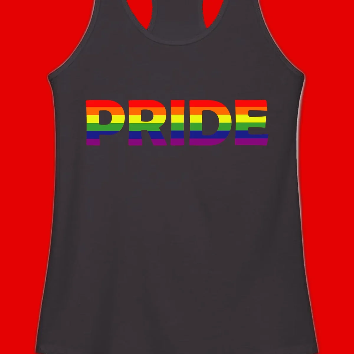 The word PRIDE in large letters filled with rainbow pride flag stripes on gray background