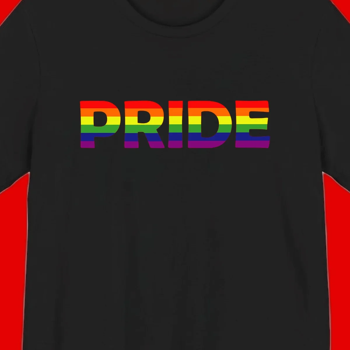 The word PRIDE in large letters filled with rainbow pride flag stripes on gray background