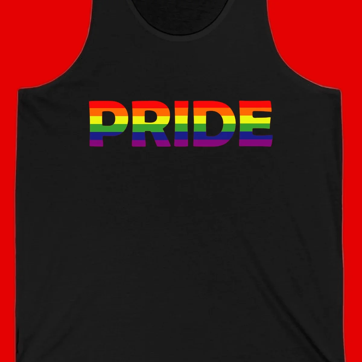 The word PRIDE in large letters filled with rainbow pride flag stripes on gray background