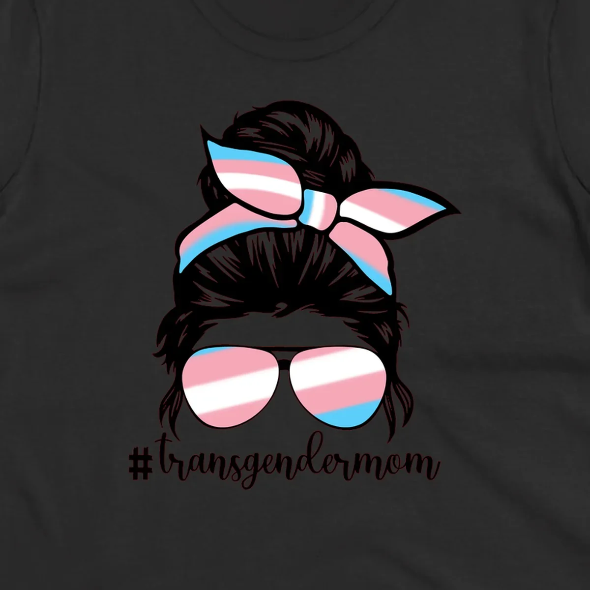 Stylized portrait with black hair, cat-eye sunglasses and bow in transgender flag colors, #transgendermom text below