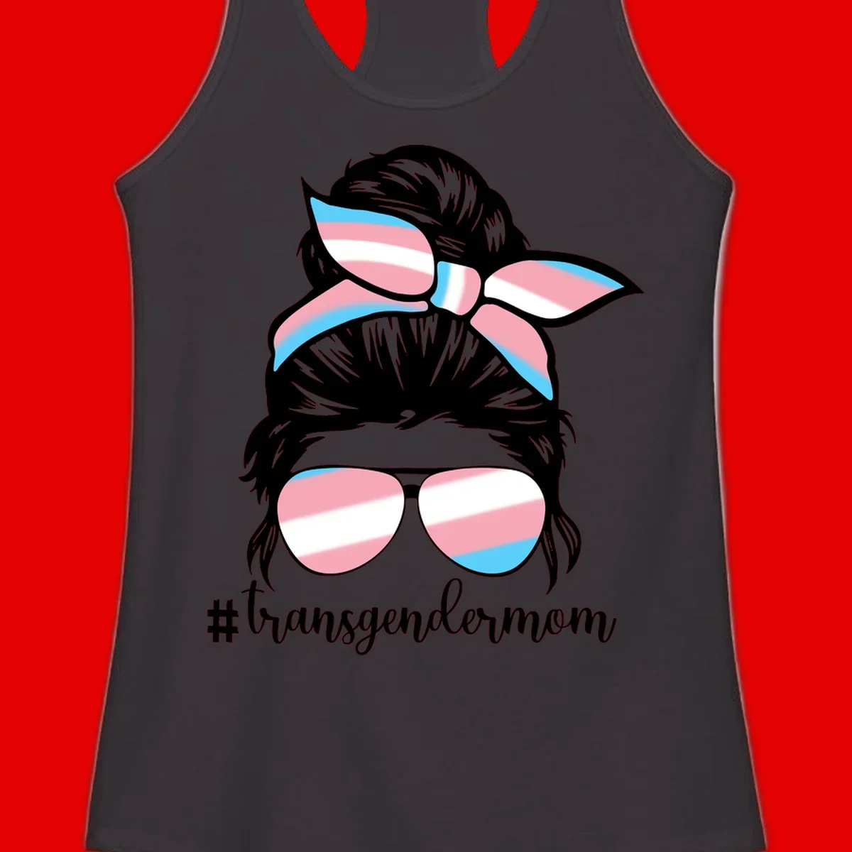 Stylized portrait with black hair, cat-eye sunglasses and bow in transgender flag colors, #transgendermom text below