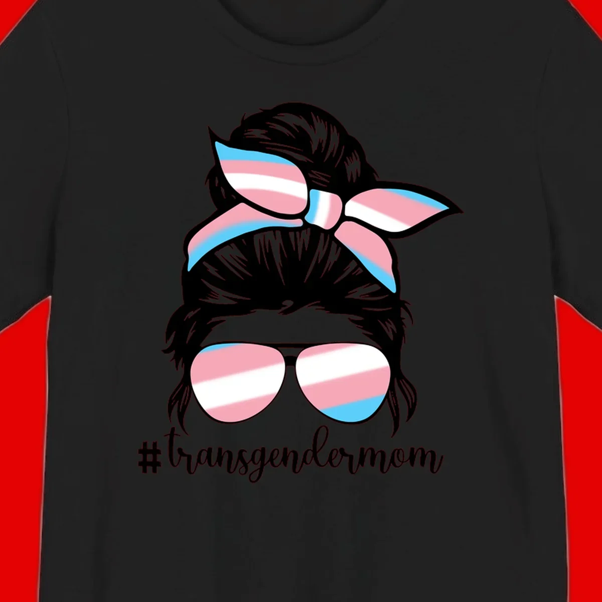 Stylized portrait with black hair, cat-eye sunglasses and bow in transgender flag colors, #transgendermom text below