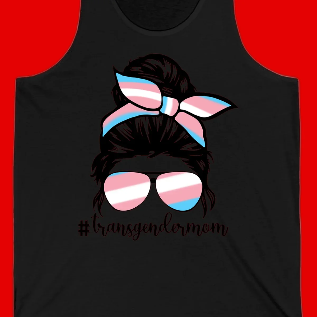 Stylized portrait with black hair, cat-eye sunglasses and bow in transgender flag colors, #transgendermom text below