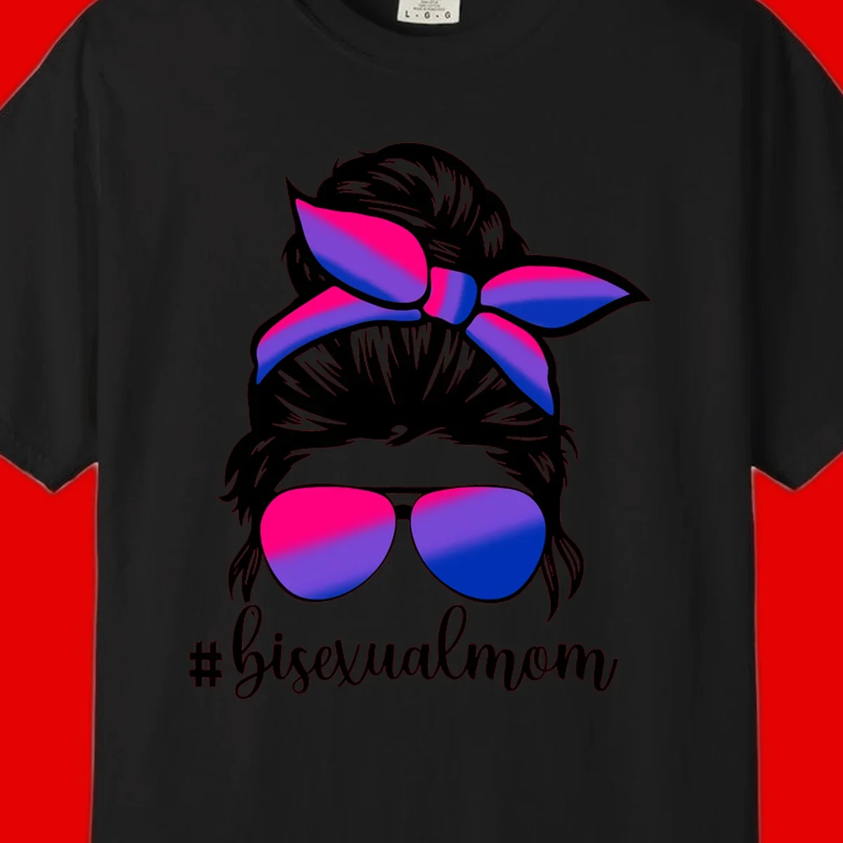 Bisexual mom pride illustration featuring a silhouette with cat ears, bow, and aviator sunglasses in pink, purple, and blue colors with #bisexualmom text
