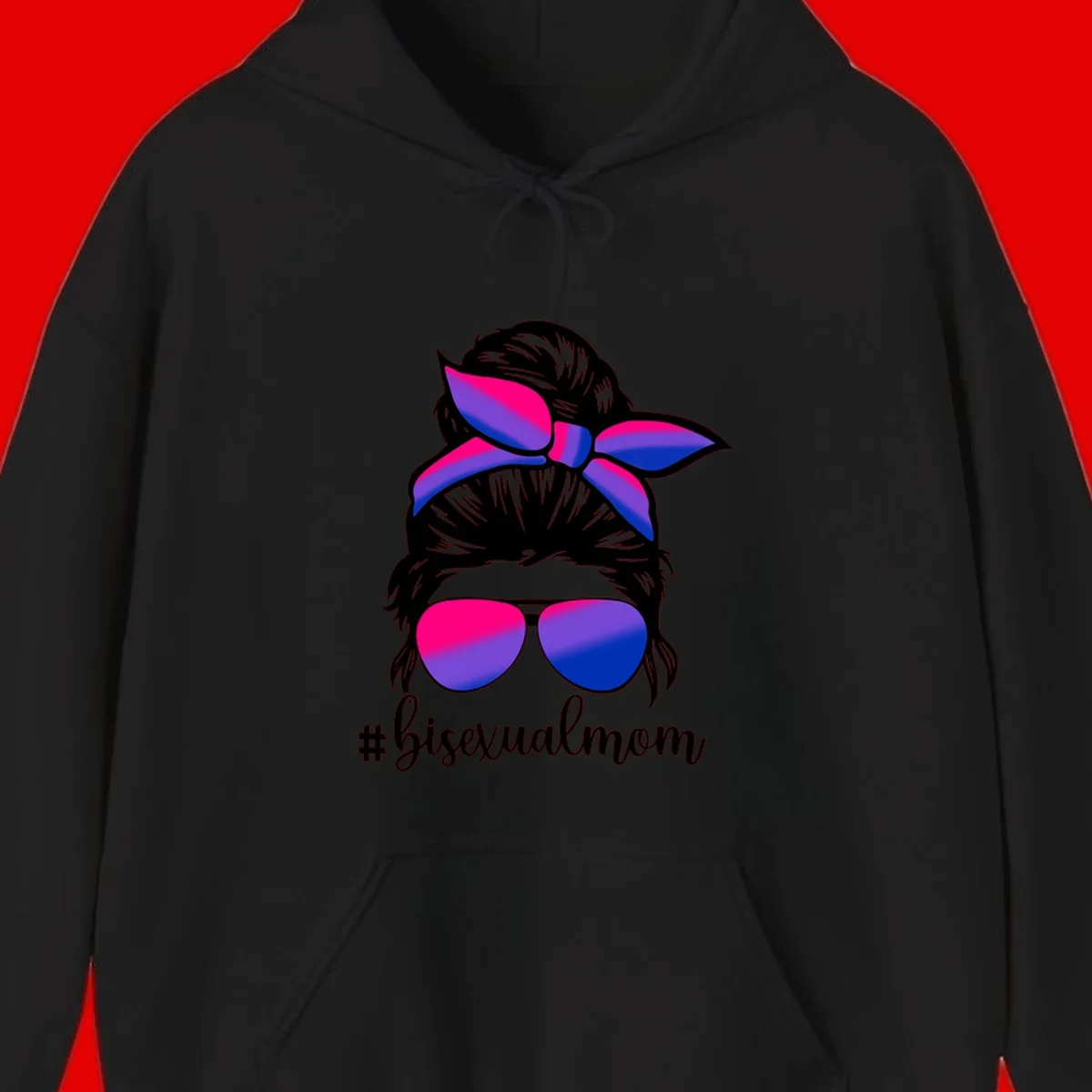 Bisexual mom pride illustration featuring a silhouette with cat ears, bow, and aviator sunglasses in pink, purple, and blue colors with #bisexualmom text