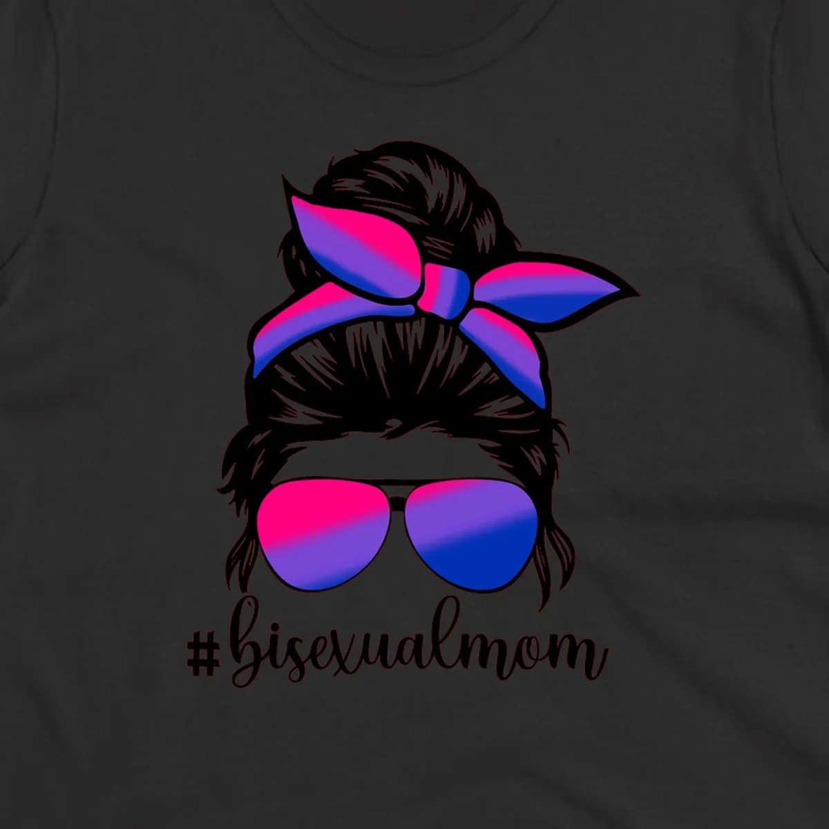 Bisexual mom pride illustration featuring a silhouette with cat ears, bow, and aviator sunglasses in pink, purple, and blue colors with #bisexualmom text