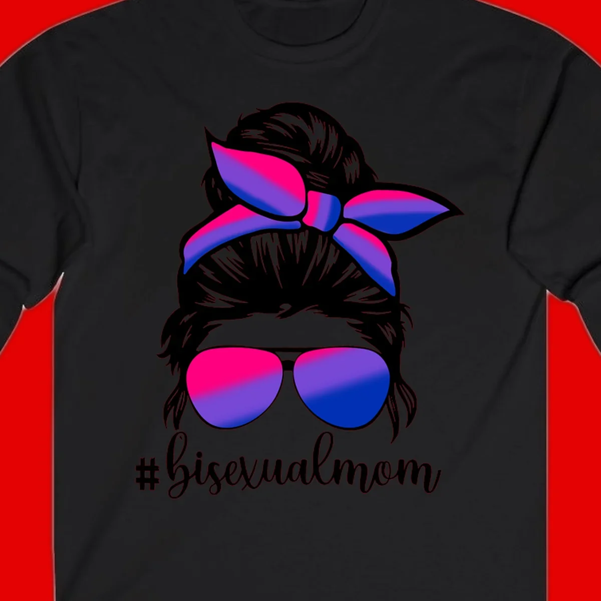 Bisexual mom pride illustration featuring a silhouette with cat ears, bow, and aviator sunglasses in pink, purple, and blue colors with #bisexualmom text