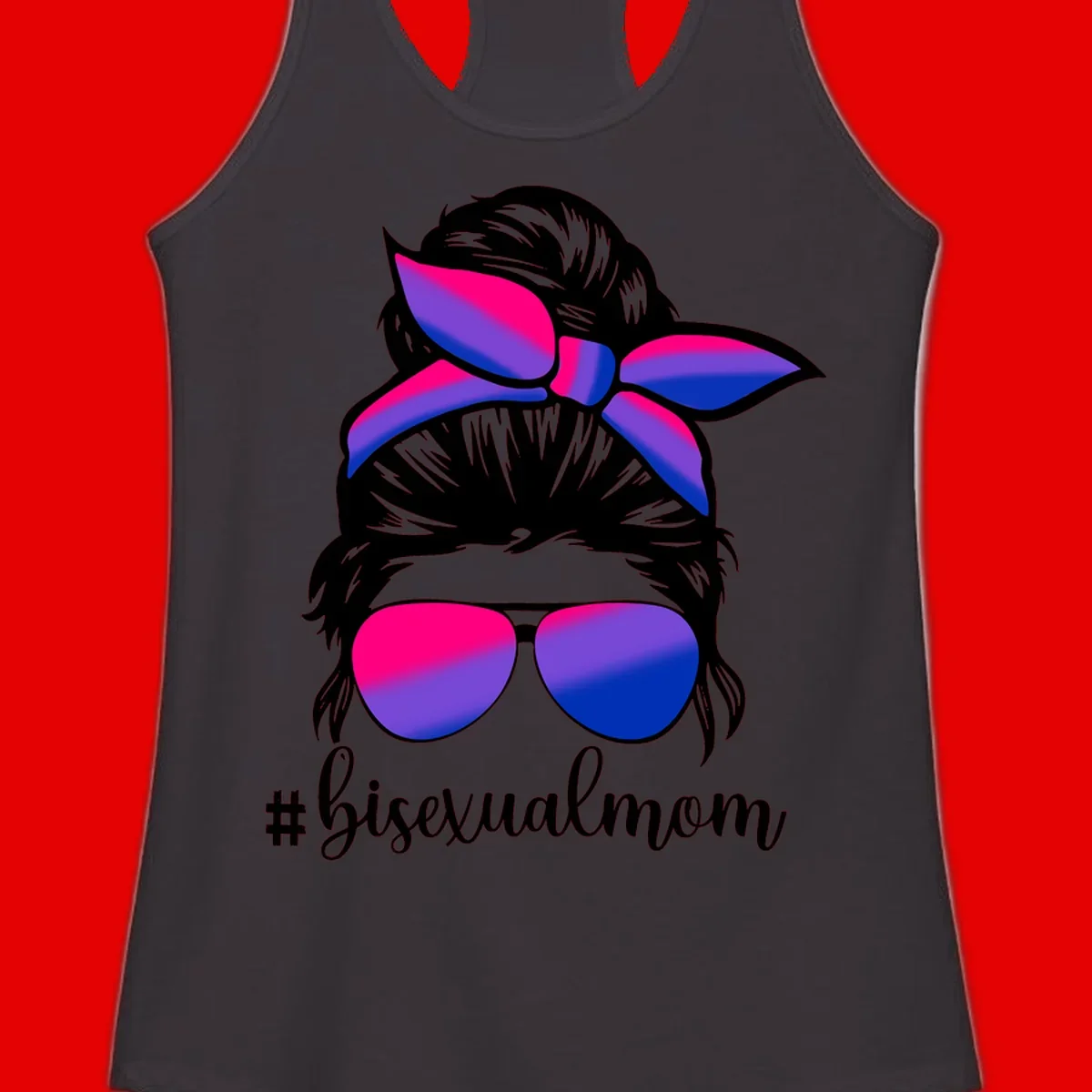 Bisexual mom pride illustration featuring a silhouette with cat ears, bow, and aviator sunglasses in pink, purple, and blue colors with #bisexualmom text