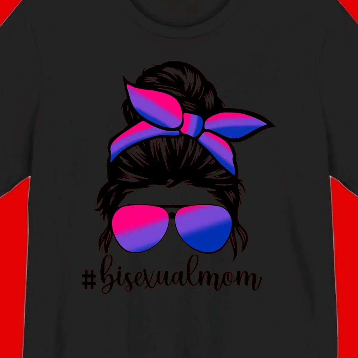 Bisexual mom pride illustration featuring a silhouette with cat ears, bow, and aviator sunglasses in pink, purple, and blue colors with #bisexualmom text