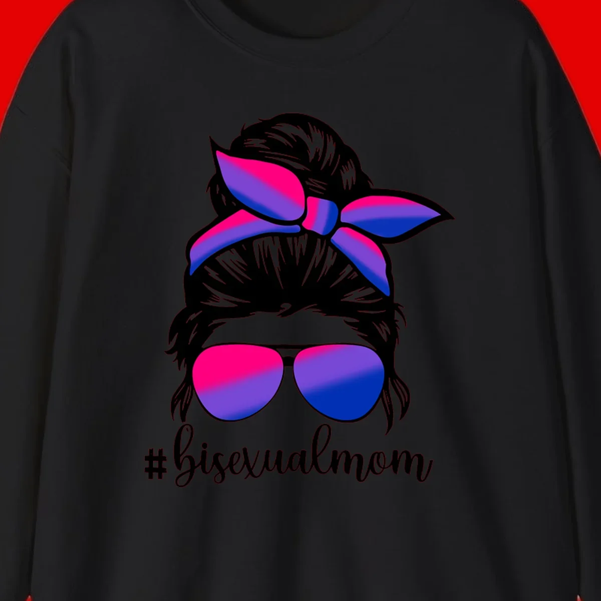 Bisexual mom pride illustration featuring a silhouette with cat ears, bow, and aviator sunglasses in pink, purple, and blue colors with #bisexualmom text