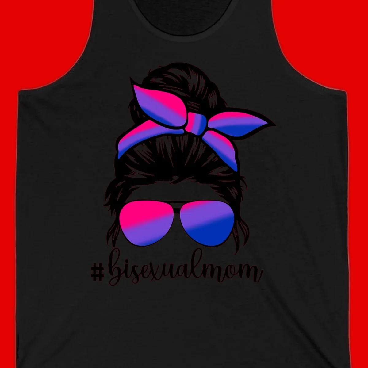 Bisexual mom pride illustration featuring a silhouette with cat ears, bow, and aviator sunglasses in pink, purple, and blue colors with #bisexualmom text