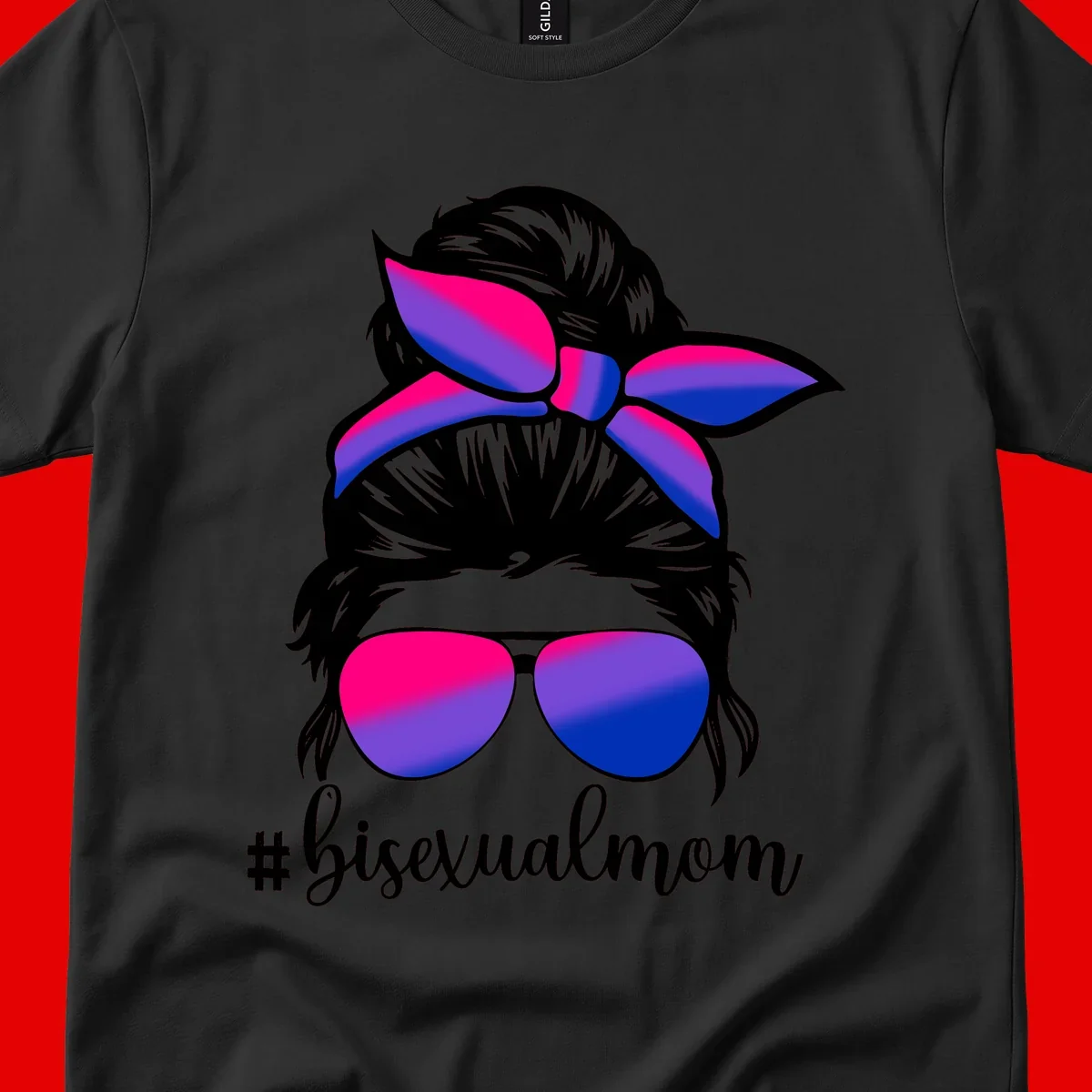 Bisexual mom pride illustration featuring a silhouette with cat ears, bow, and aviator sunglasses in pink, purple, and blue colors with #bisexualmom text