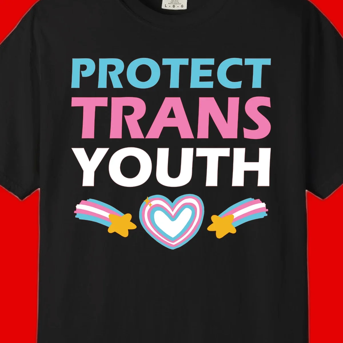Protect trans youth design with cyan, pink, and white text, rainbow heart, and gold stars on gray background
