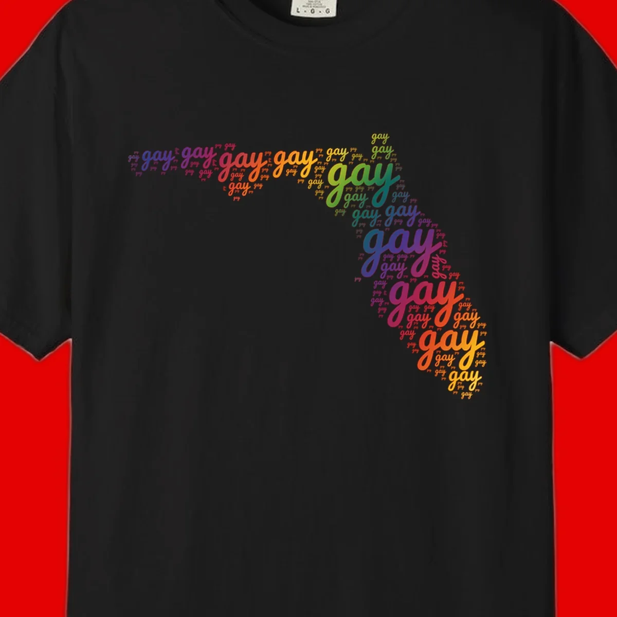 Gay pride word cloud with 'gay' repeated in rainbow colors including blue, purple, red, orange, yellow, and green on gray background