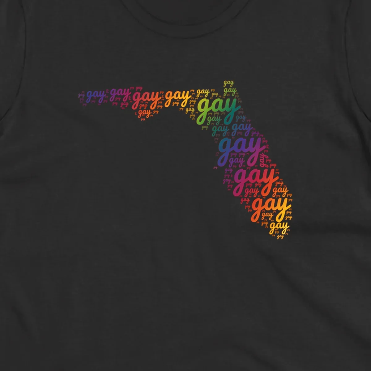 Gay pride word cloud with 'gay' repeated in rainbow colors including blue, purple, red, orange, yellow, and green on gray background