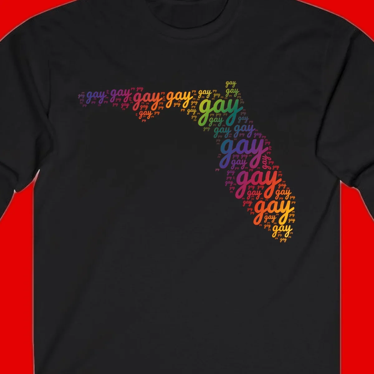 Gay pride word cloud with 'gay' repeated in rainbow colors including blue, purple, red, orange, yellow, and green on gray background