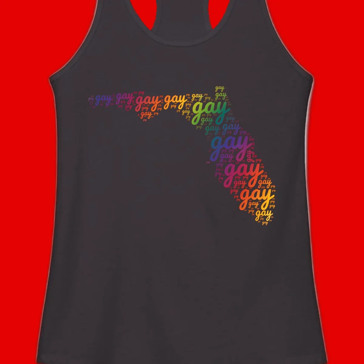 Gay pride word cloud with 'gay' repeated in rainbow colors including blue, purple, red, orange, yellow, and green on gray background