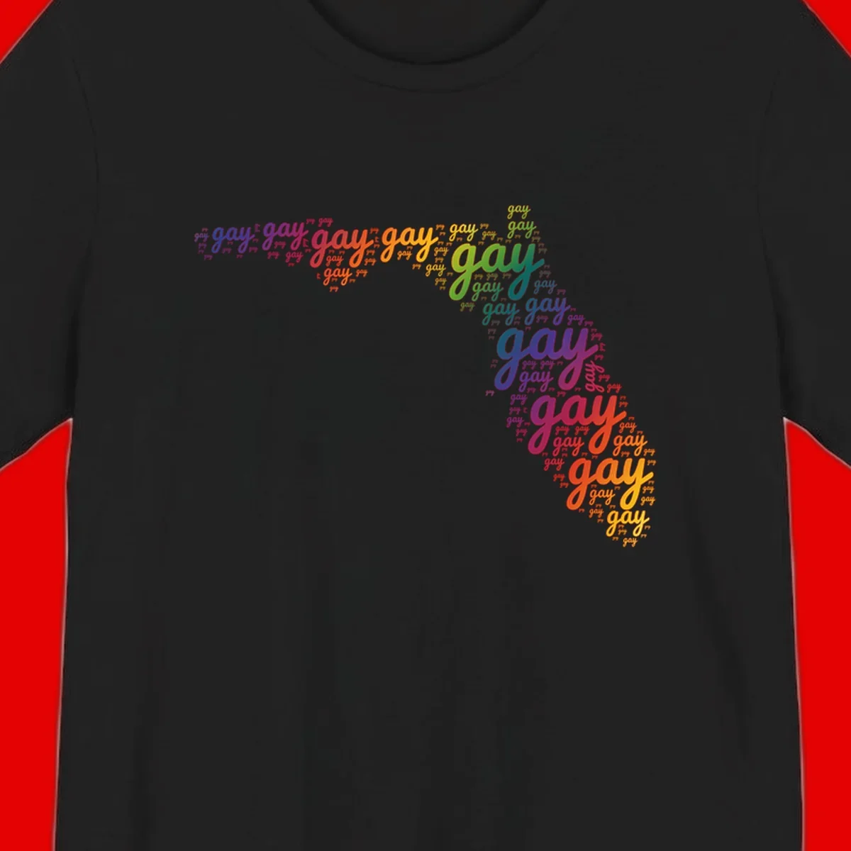 Gay pride word cloud with 'gay' repeated in rainbow colors including blue, purple, red, orange, yellow, and green on gray background