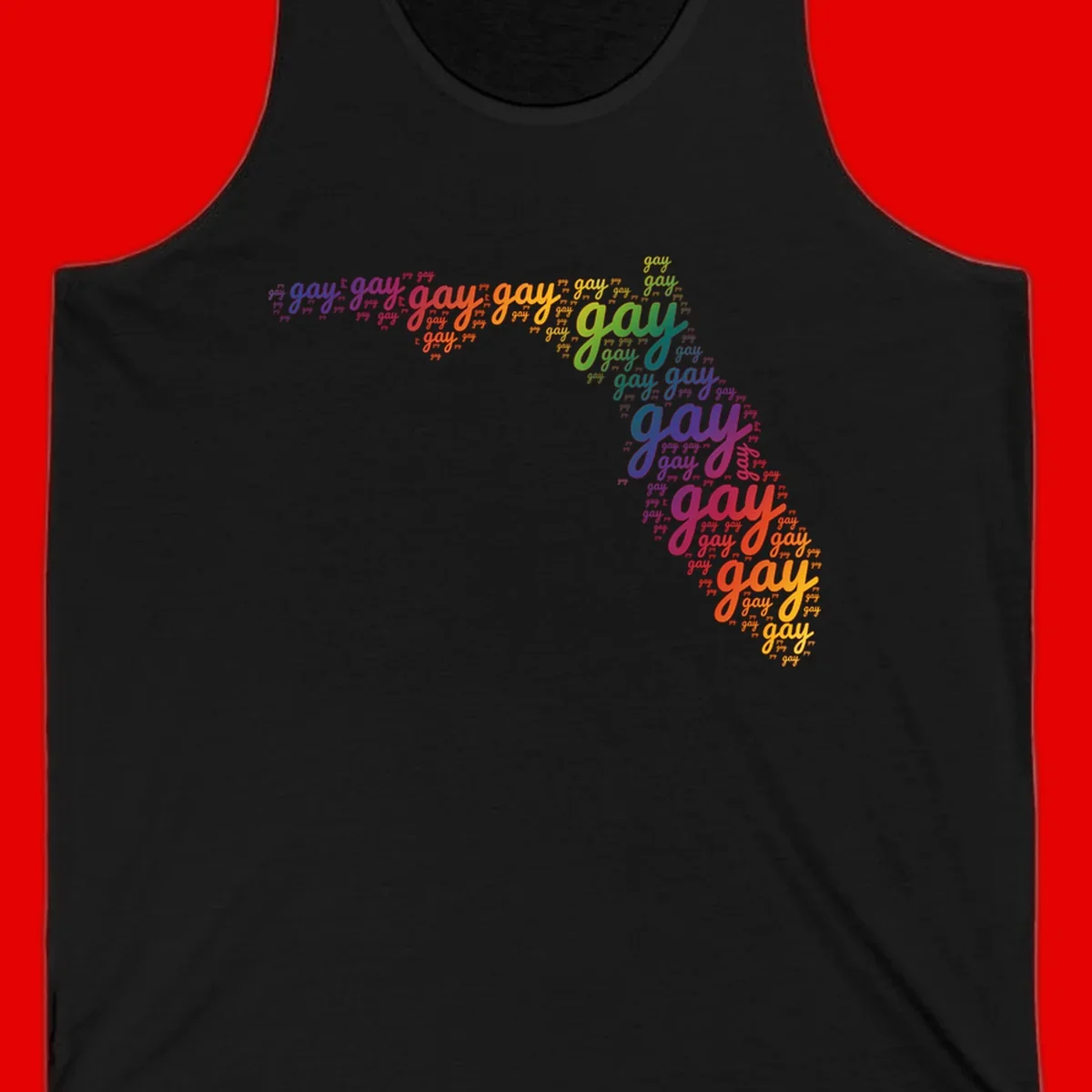 Gay pride word cloud with 'gay' repeated in rainbow colors including blue, purple, red, orange, yellow, and green on gray background