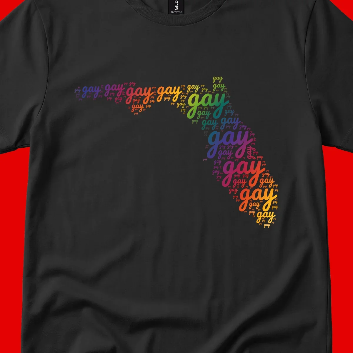 Gay pride word cloud with 'gay' repeated in rainbow colors including blue, purple, red, orange, yellow, and green on gray background