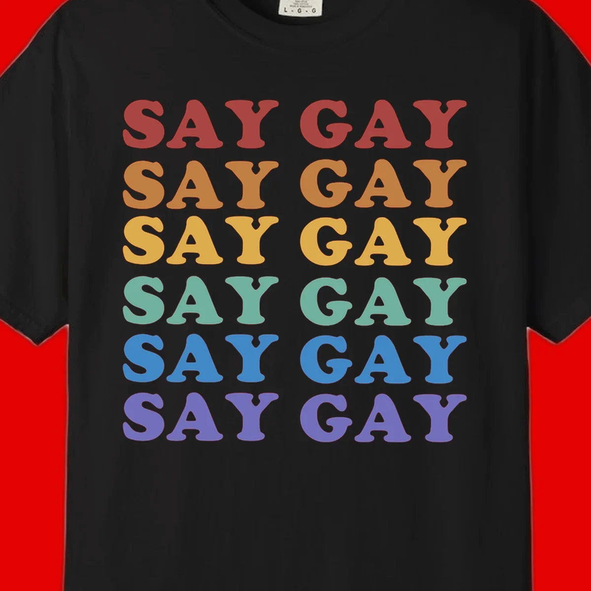 Repeating 'SAY GAY' text in rainbow colors from red to purple on gray background, pride statement design
