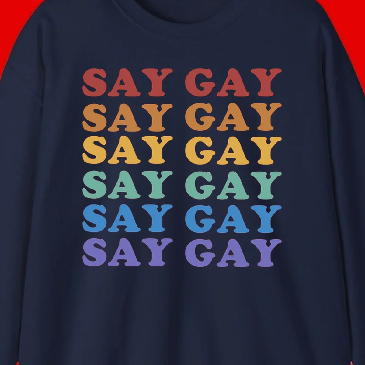 Repeating 'SAY GAY' text in rainbow colors from red to purple on gray background, pride statement design
