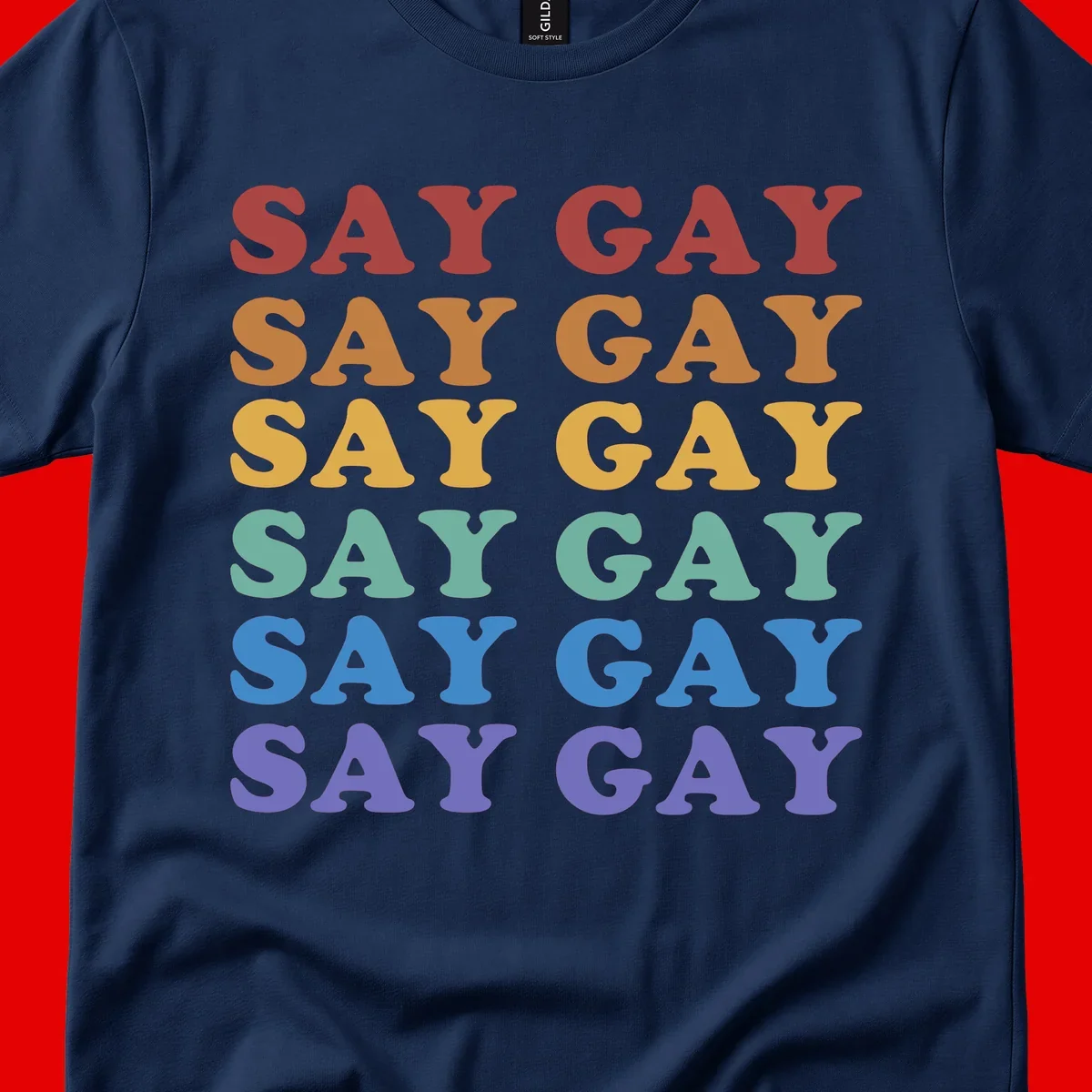 Repeating 'SAY GAY' text in rainbow colors from red to purple on gray background, pride statement design