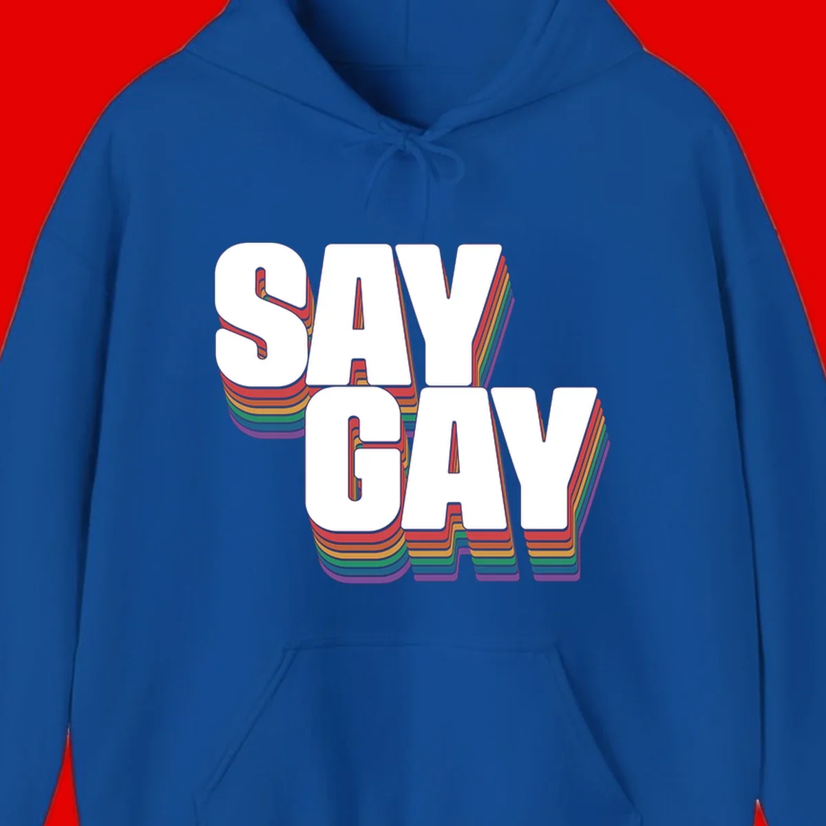 Say gay pride rainbow typography design with bold white text and vibrant layered rainbow stripes in 3D effect
