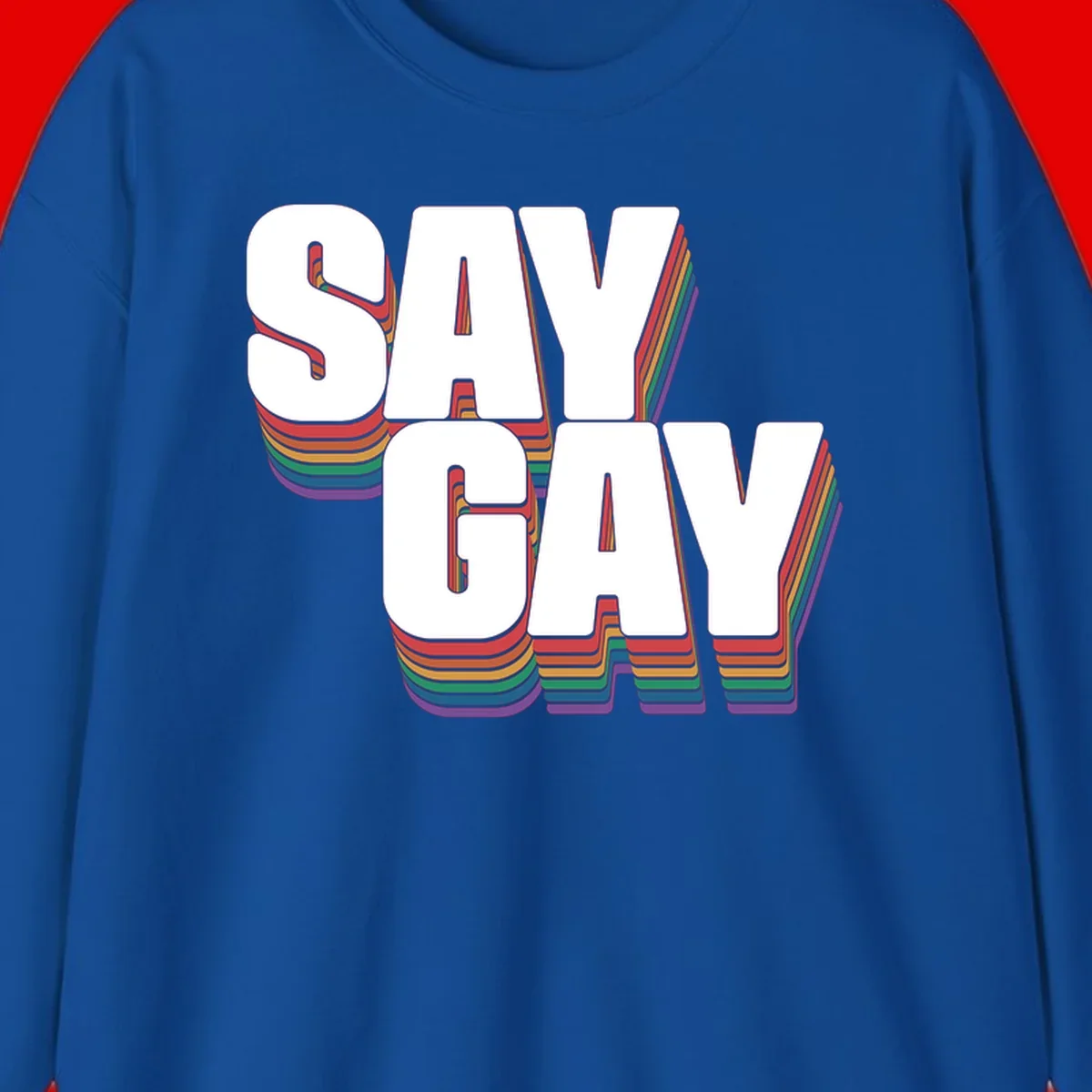 Say gay pride rainbow typography design with bold white text and vibrant layered rainbow stripes in 3D effect