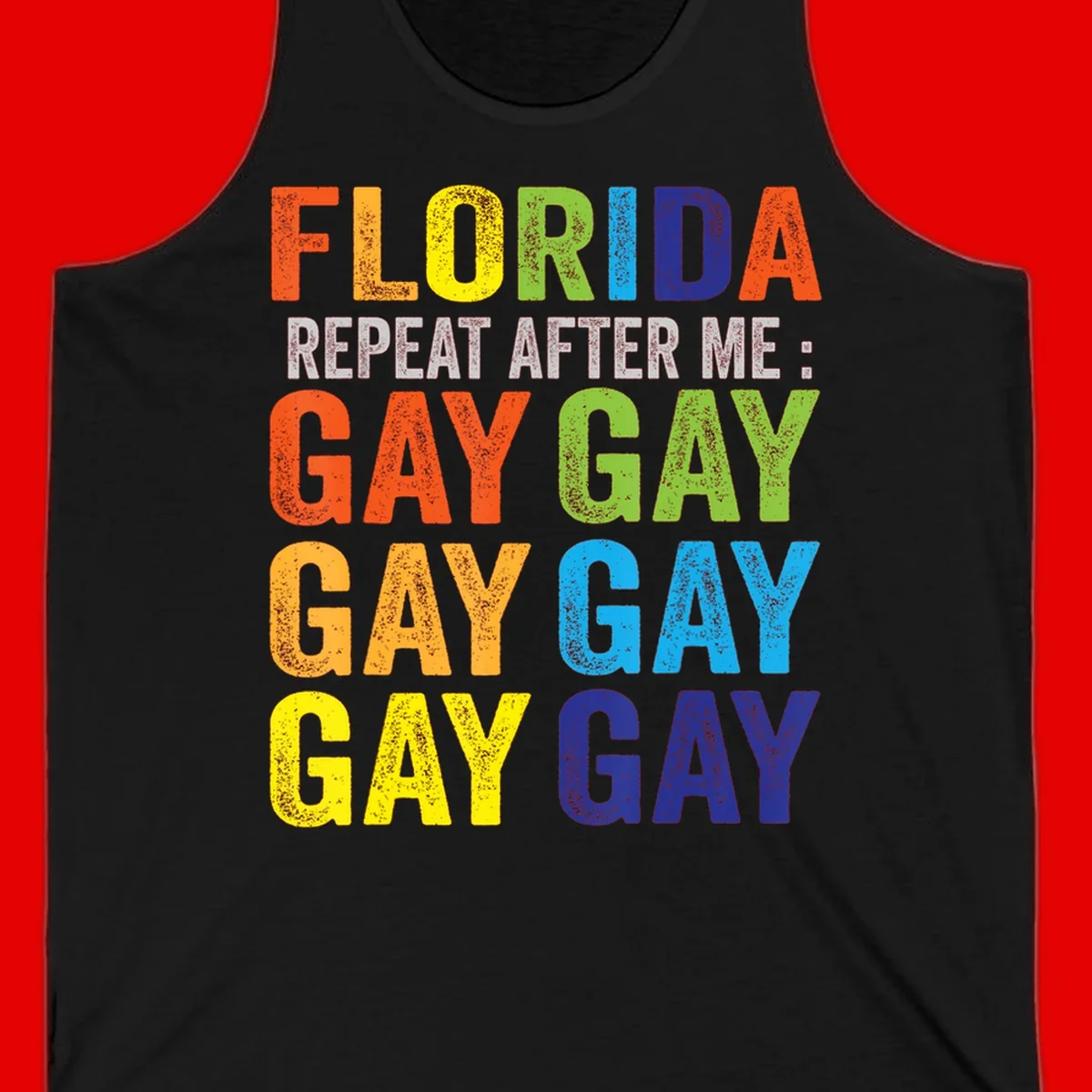 Rainbow colored text reading 'Florida Repeat After Me: Gay Gay Gay Gay' with distressed grunge texture on gray background