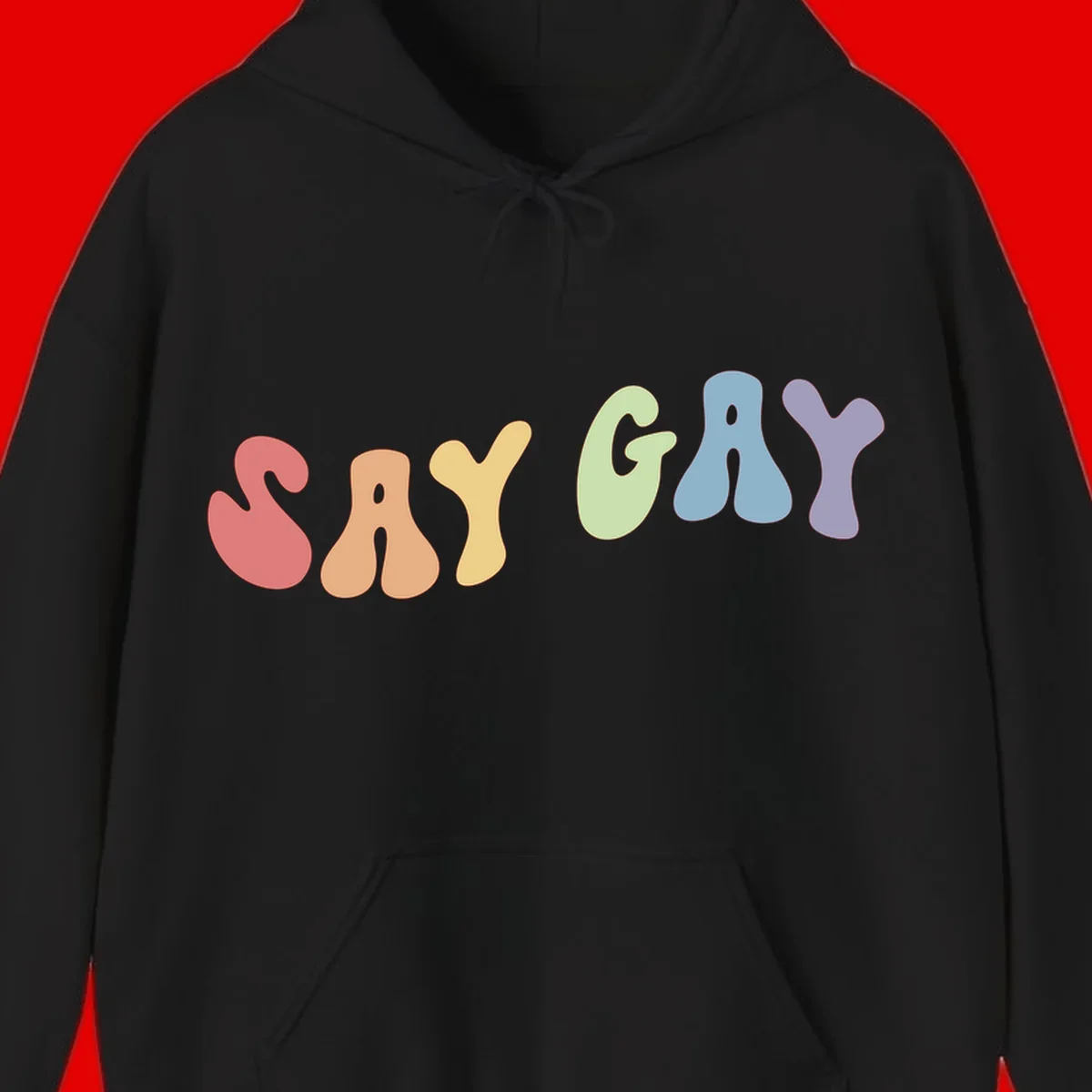 Colorful bubble letters spelling SAY GAY in rainbow pride colors: red, peach, yellow, green, blue, and purple on gray background
