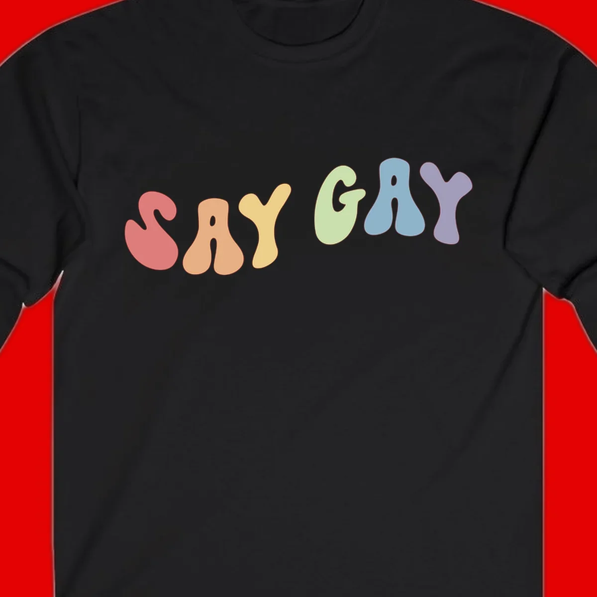 Colorful bubble letters spelling SAY GAY in rainbow pride colors: red, peach, yellow, green, blue, and purple on gray background