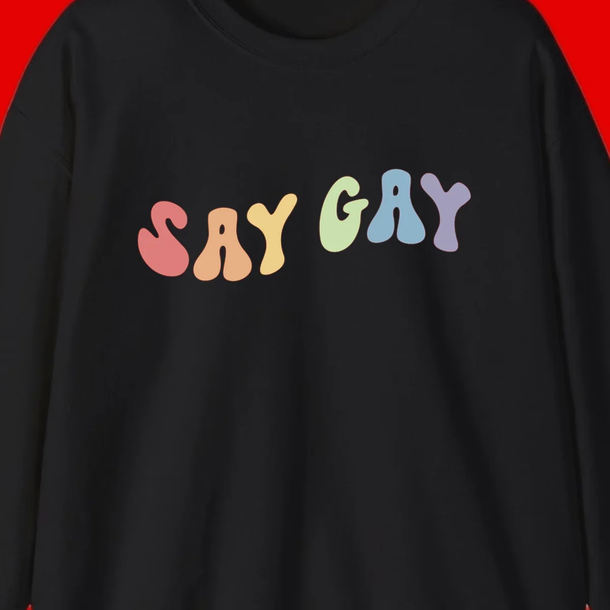 Colorful bubble letters spelling SAY GAY in rainbow pride colors: red, peach, yellow, green, blue, and purple on gray background