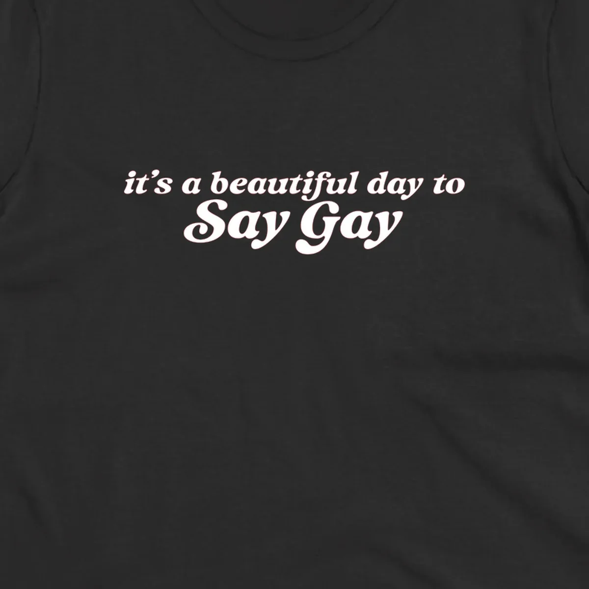 White italic text reading 'it's a beautiful day to Say Gay' on gray background, beautiful-day-say-gay pride design