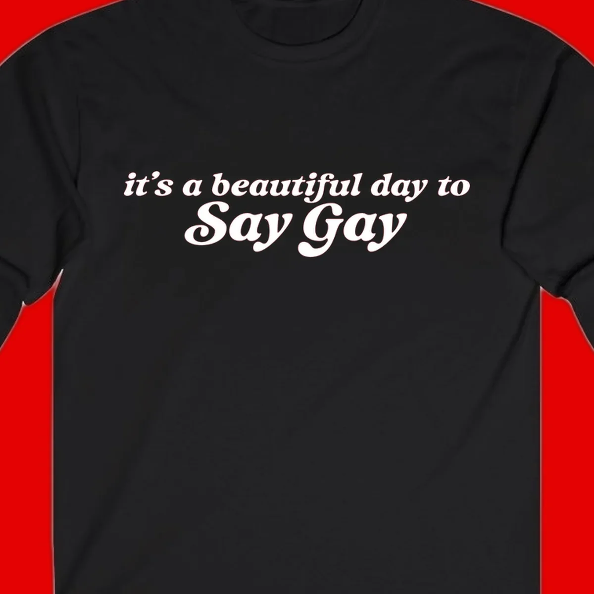 White italic text reading 'it's a beautiful day to Say Gay' on gray background, beautiful-day-say-gay pride design