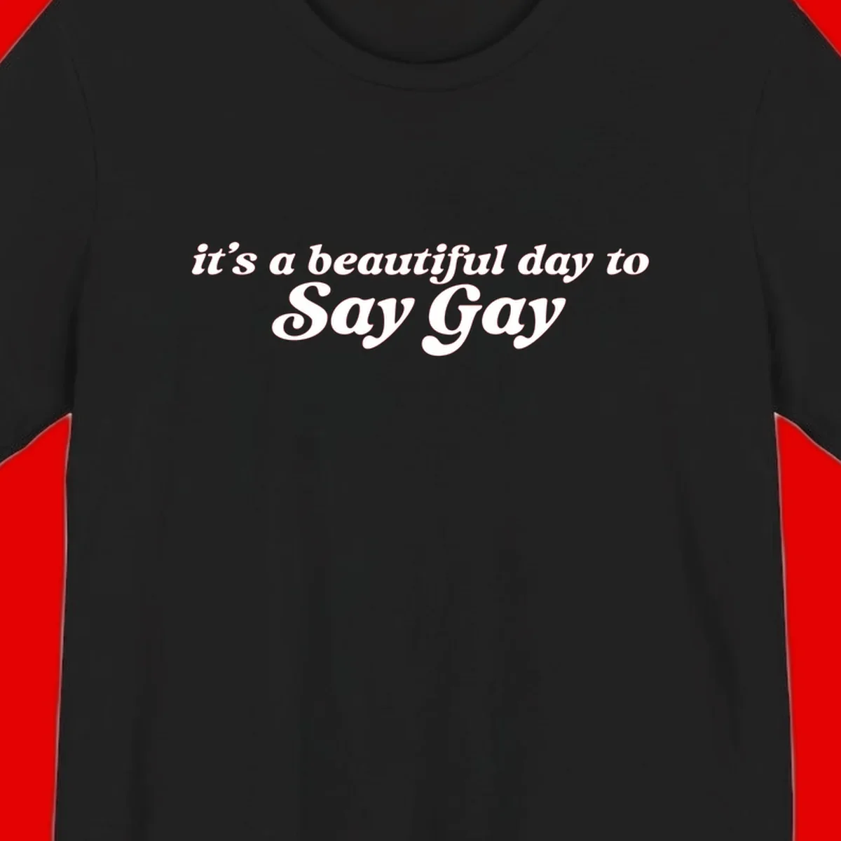 White italic text reading 'it's a beautiful day to Say Gay' on gray background, beautiful-day-say-gay pride design