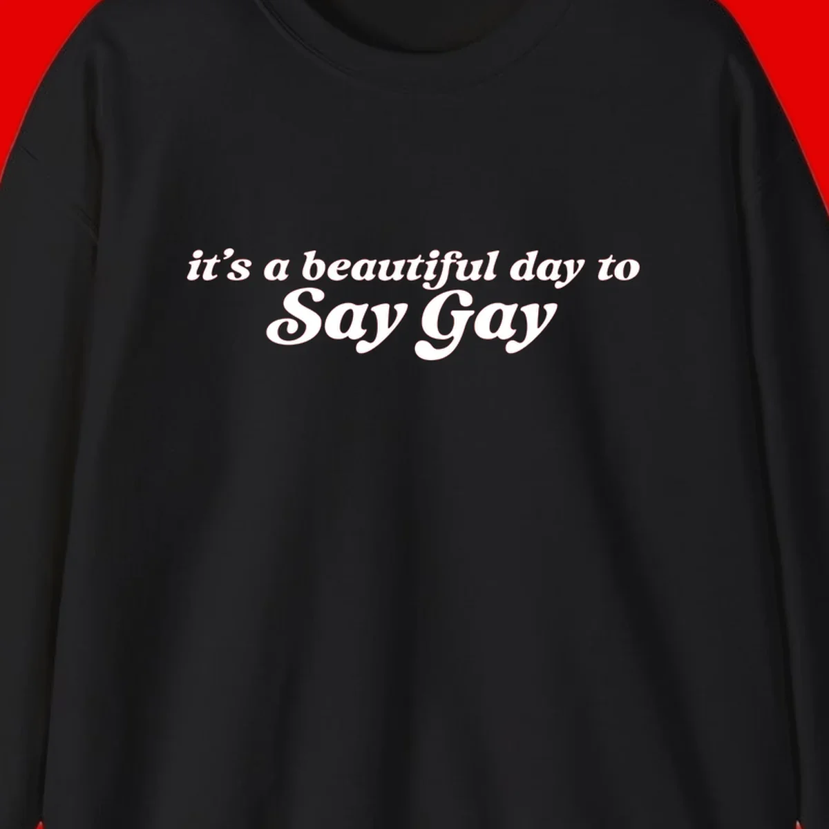 White italic text reading 'it's a beautiful day to Say Gay' on gray background, beautiful-day-say-gay pride design