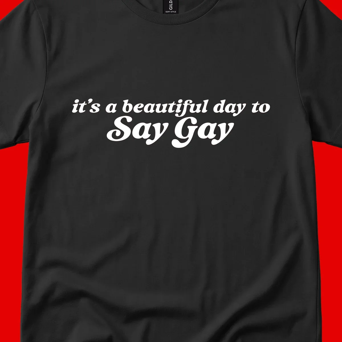 White italic text reading 'it's a beautiful day to Say Gay' on gray background, beautiful-day-say-gay pride design