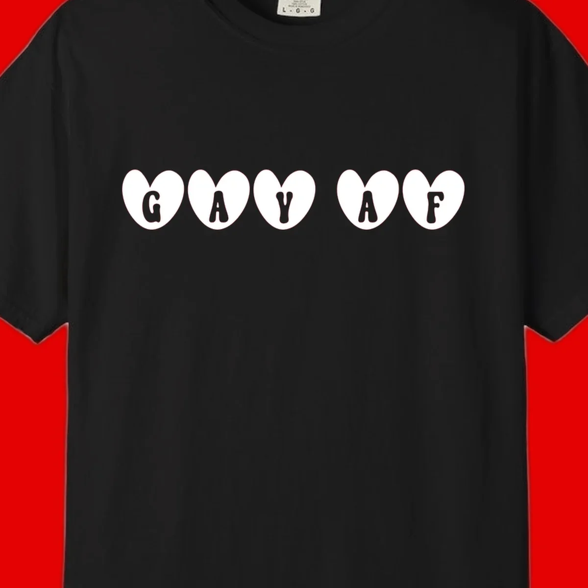 Five white hearts on gray background spelling GAY AF with bold letters - gay af pride hearts design