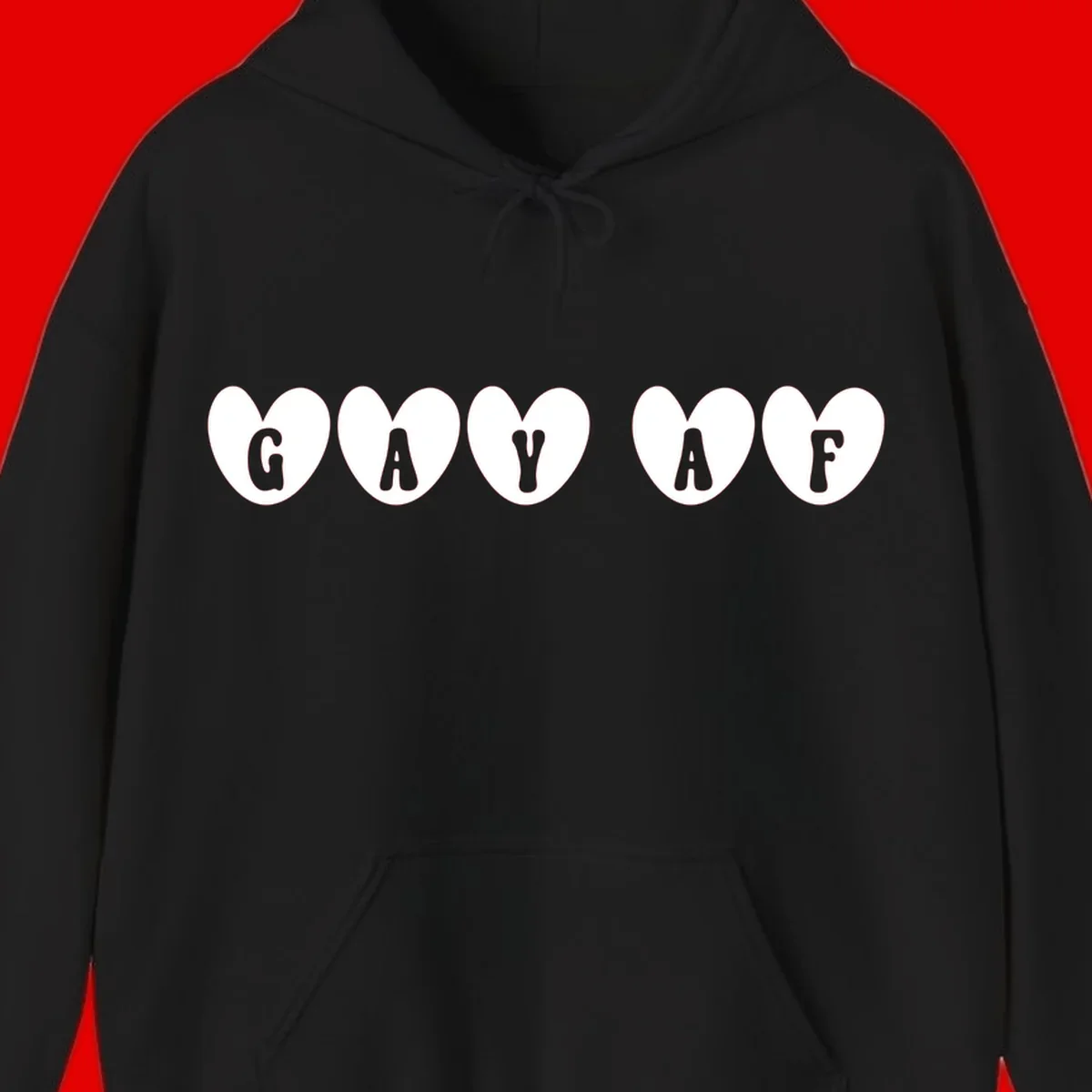 Five white hearts on gray background spelling GAY AF with bold letters - gay af pride hearts design