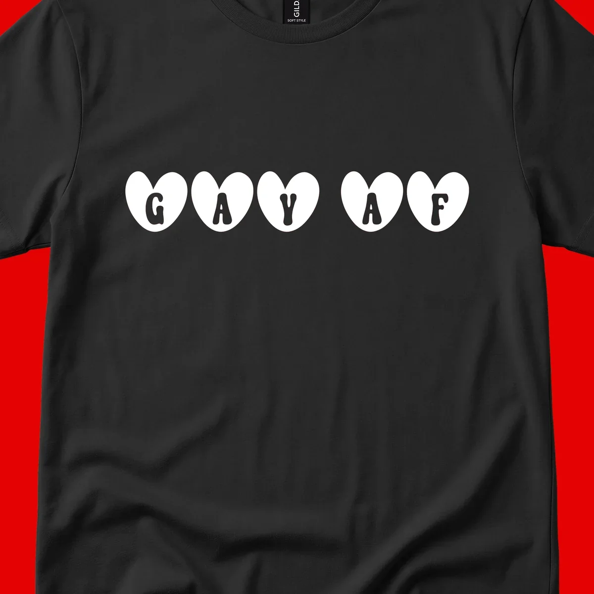 Five white hearts on gray background spelling GAY AF with bold letters - gay af pride hearts design