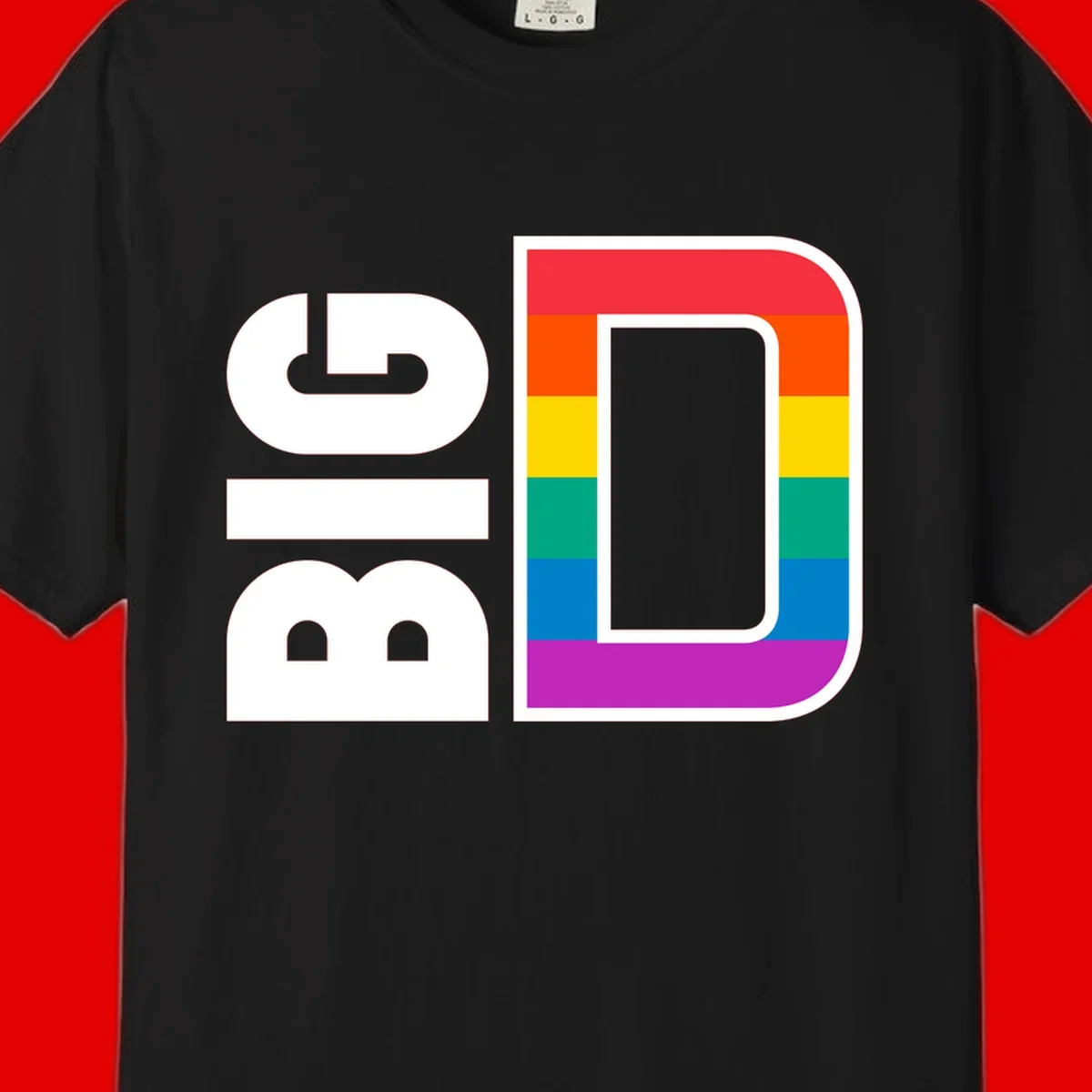 Rainbow pride flag design with rounded rectangle frame featuring red, orange, yellow, green, teal, blue, and purple stripes