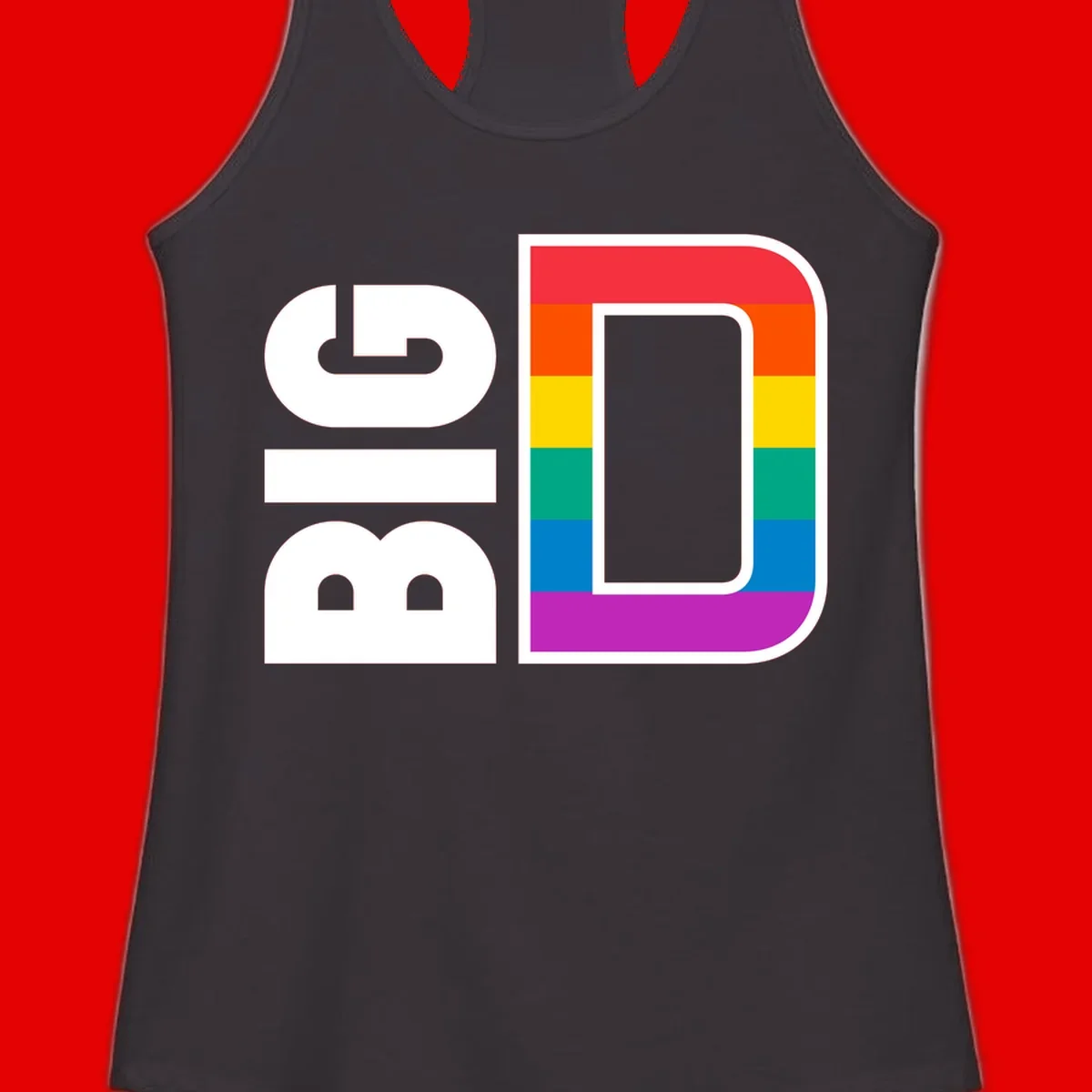 Rainbow pride flag design with rounded rectangle frame featuring red, orange, yellow, green, teal, blue, and purple stripes