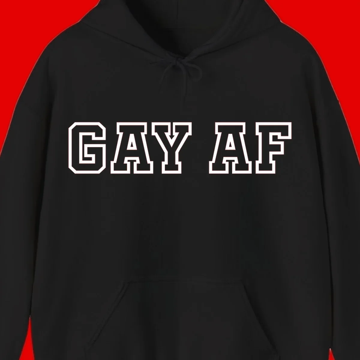 Bold white outlined block letters spelling 'GAY AF' in varsity athletic style on gray background