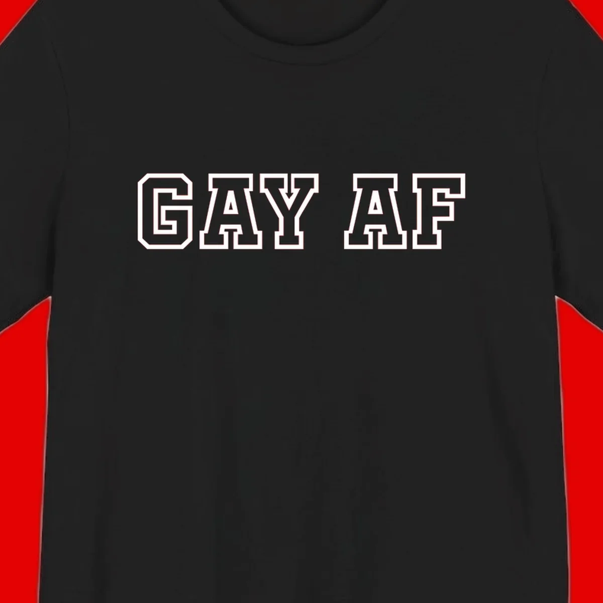 Bold white outlined block letters spelling 'GAY AF' in varsity athletic style on gray background