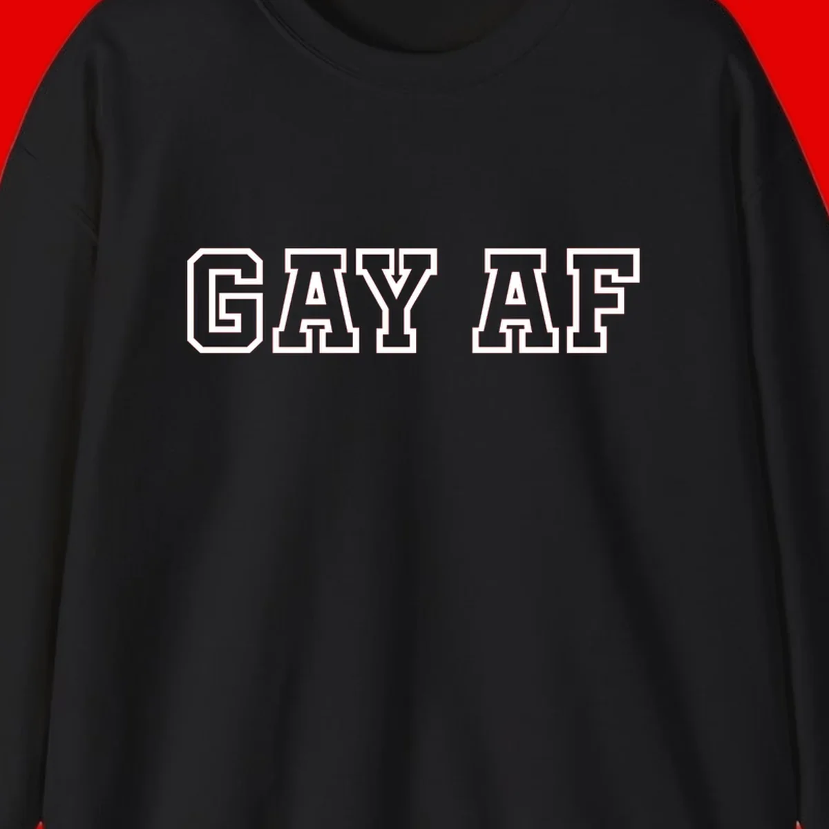 Bold white outlined block letters spelling 'GAY AF' in varsity athletic style on gray background