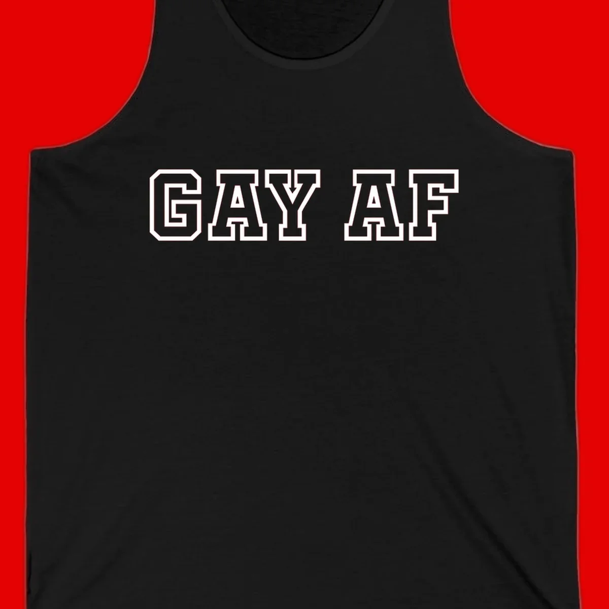 Bold white outlined block letters spelling 'GAY AF' in varsity athletic style on gray background
