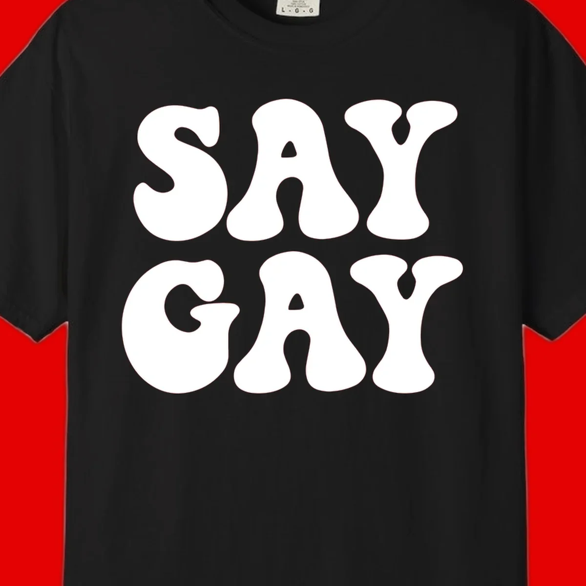Say Gay Pride design with bold white letters featuring organic rounded typography on gray background